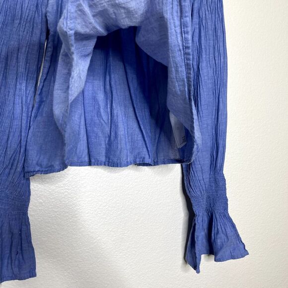 MAJE Top Medium Blue Lova Bleu Off Shoulder Smocked Blouse Long Bell Sleeve - Picture 4 of 8